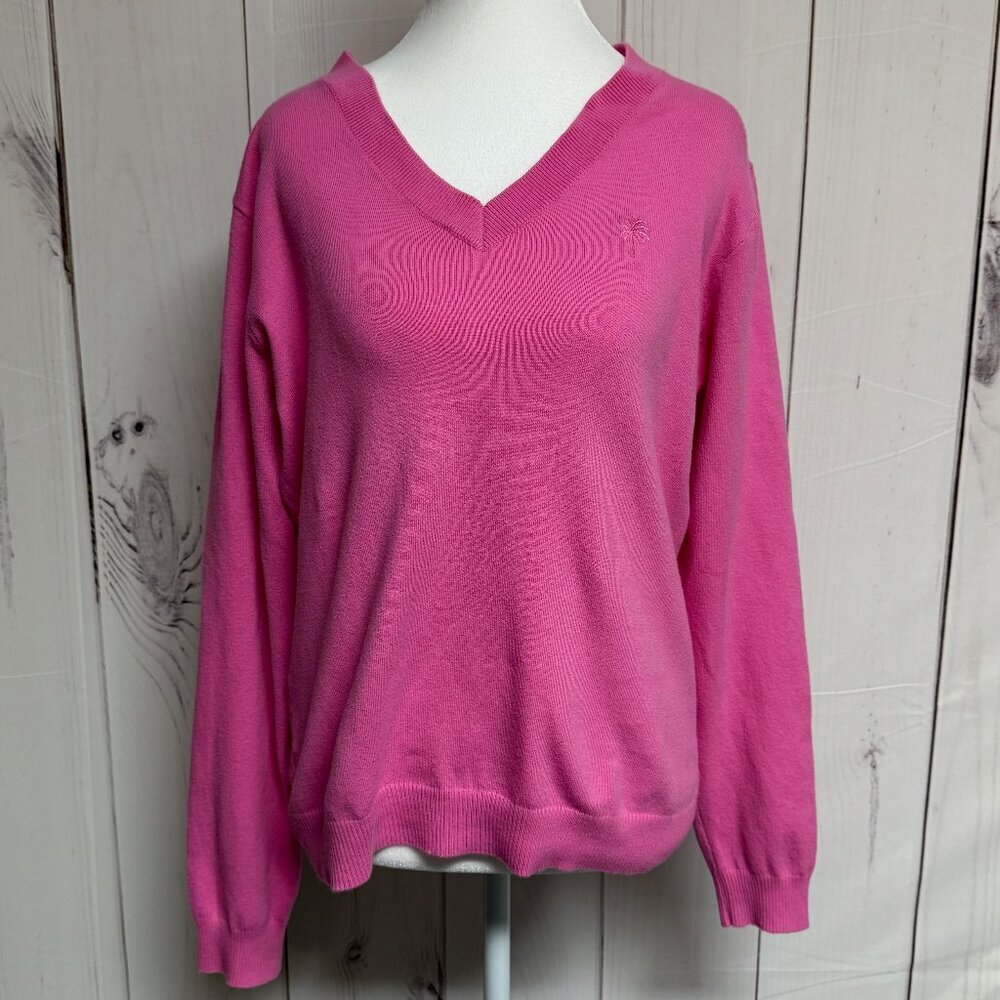 Vintage Lilly Pulitzer V-Neck Sweater Pink Size Large L | Embroidered Palm EUC